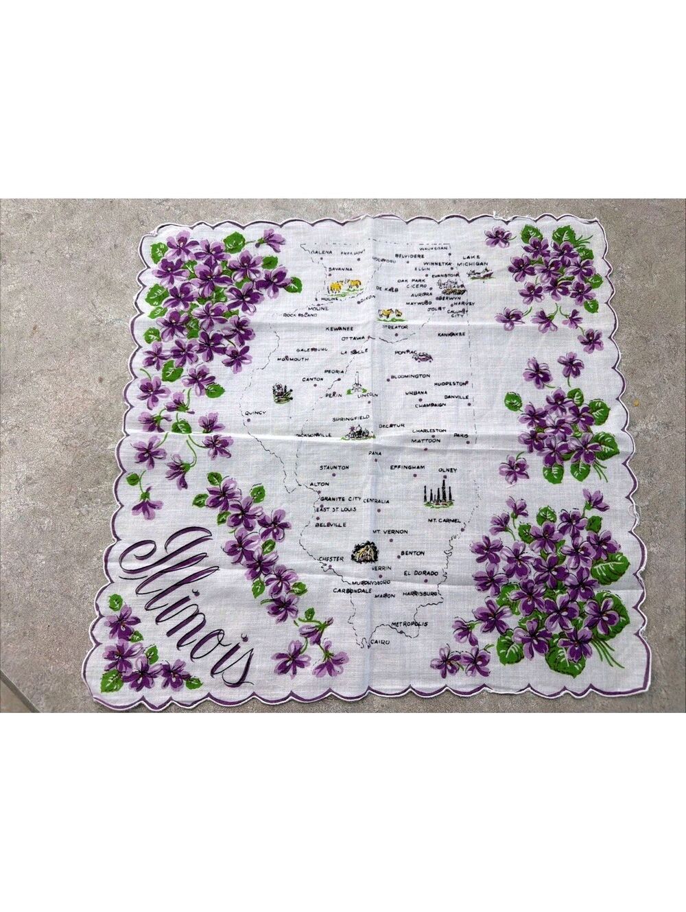 Franshaw 1950s ILLINOIS State Map Souvenir Cotton Hankie Handkerchief Purple VTG